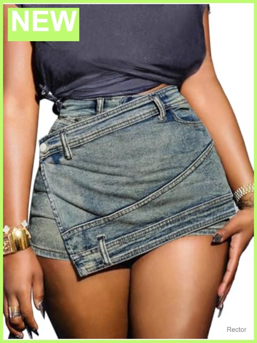 Denim Mini Skort High Waist Asymmetrical Wrap Stretch Cotton Blend